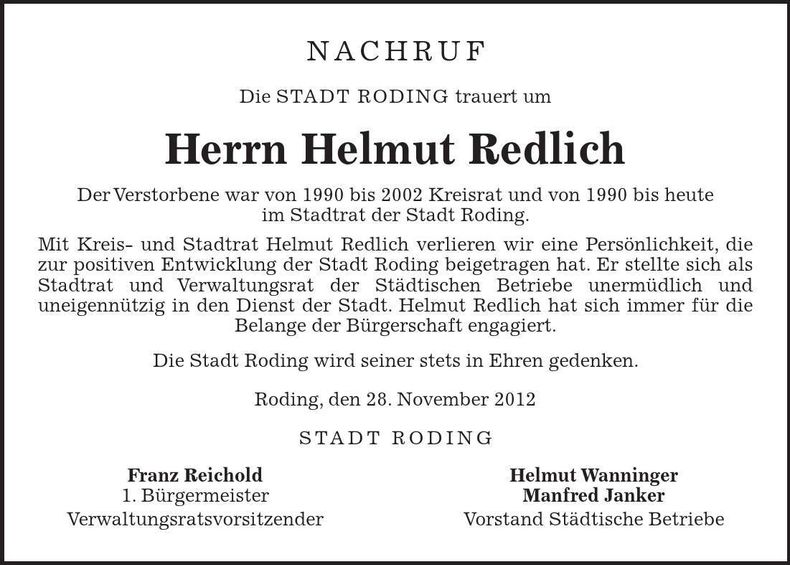 Traueranzeige Helmut Redlich