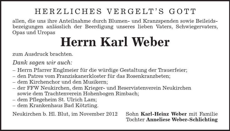 Traueranzeige Karl Weber