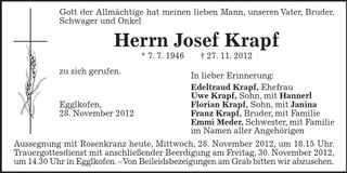 Traueranzeige Josef Krapf