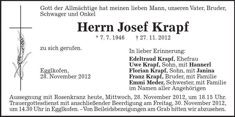 Traueranzeige Josef Krapf
