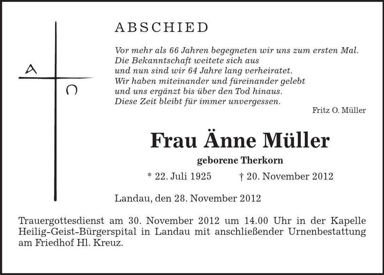 Traueranzeige Änne Müller