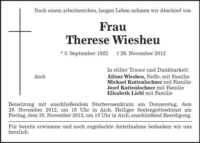 Traueranzeige Therese Wiesheu