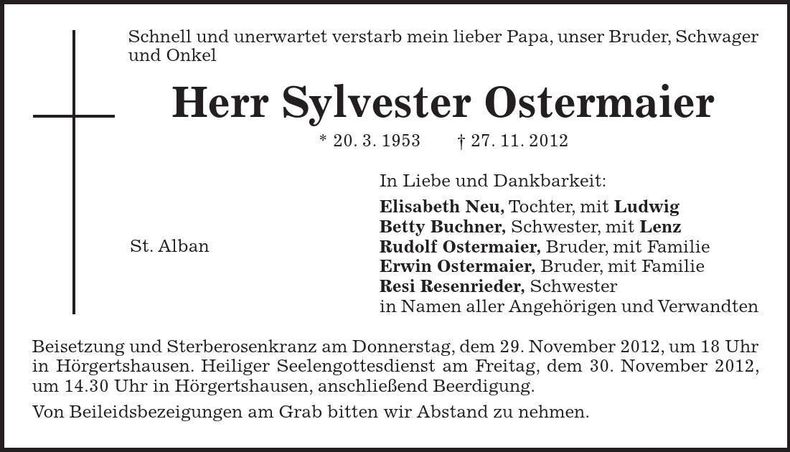Traueranzeige Sylvester Ostermaier