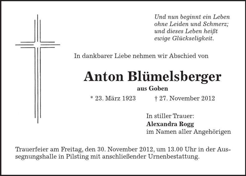 Traueranzeige Anton Blümelsberger