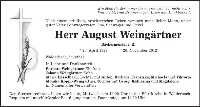 Traueranzeige August Weingärtner