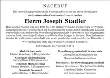 Traueranzeige Joseph Stadler