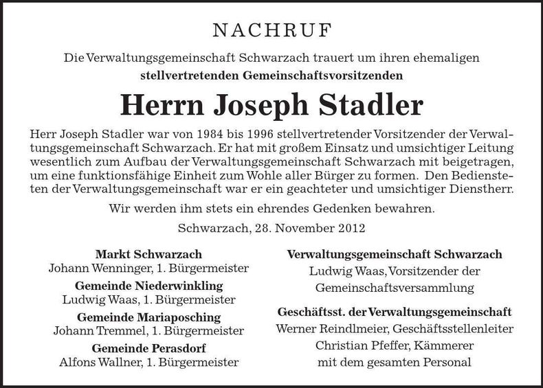 Traueranzeige Joseph Stadler