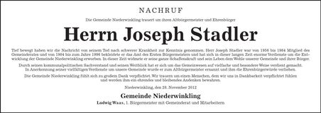 Traueranzeige Josef Stadler