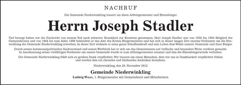 Traueranzeige Josef Stadler