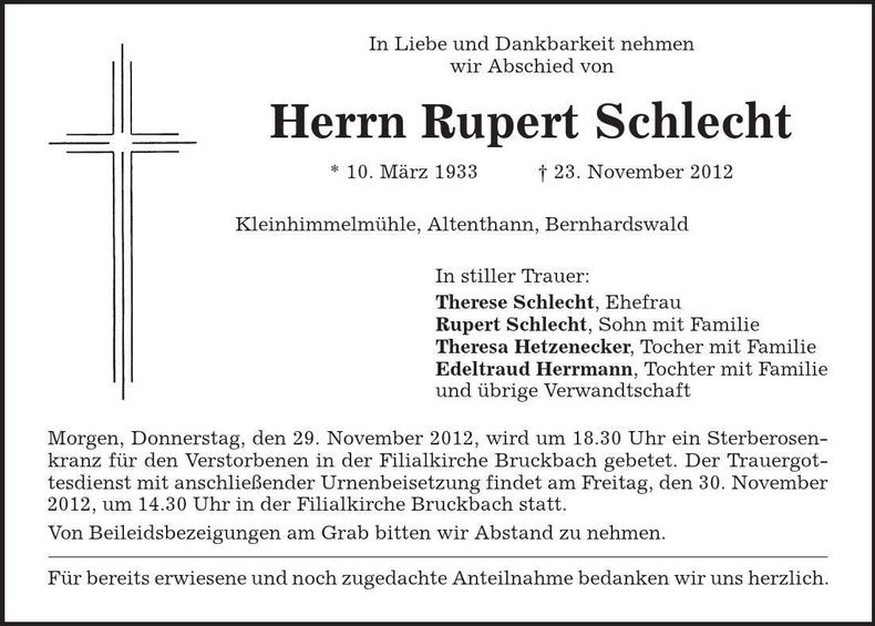 Traueranzeige Rupert Schlecht