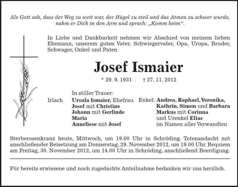 Traueranzeige Josef Ismaier