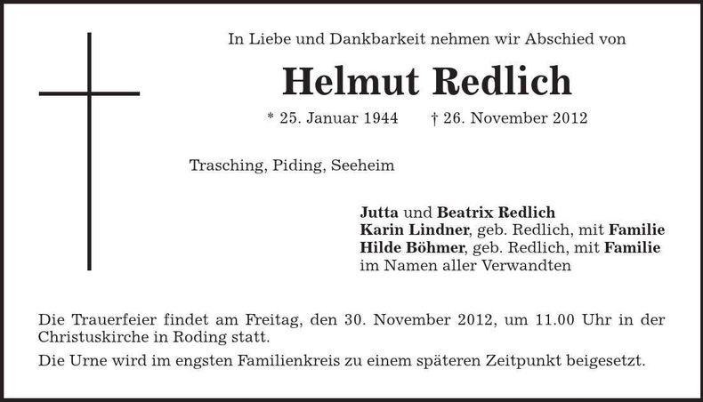 Traueranzeige Helmut Redlich
