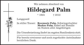 Traueranzeige Hildegard Palm