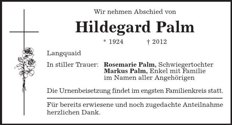 Traueranzeige Hildegard Palm