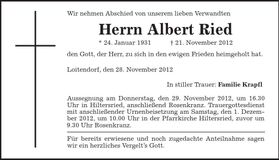 Traueranzeige Albert Ried