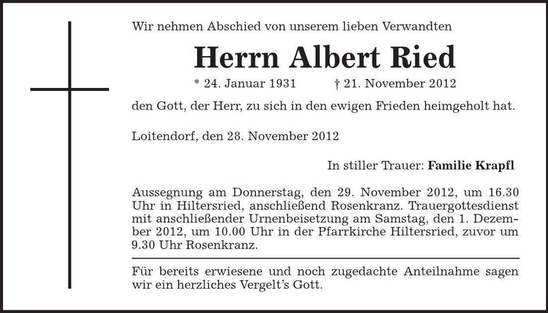 Traueranzeige Albert Ried