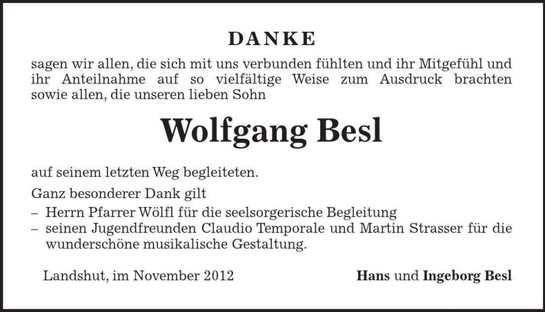 Traueranzeige Wolfgang Besl