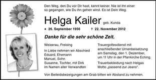 Traueranzeige Helga Kailer