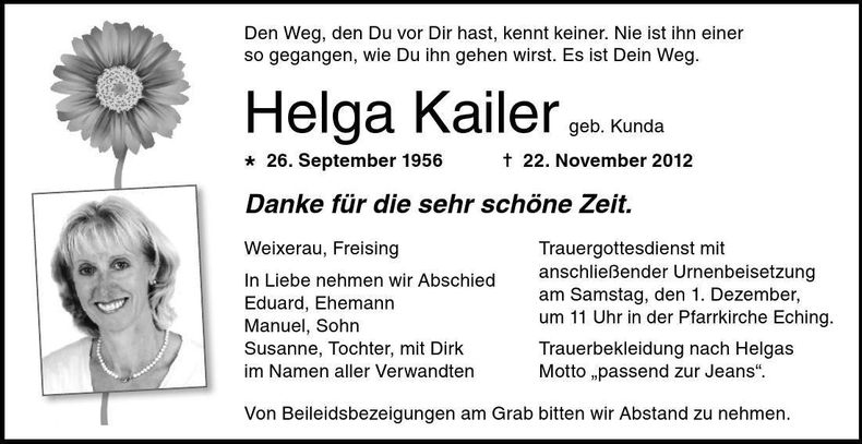 Traueranzeige Helga Kailer