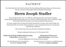 Traueranzeige Joseph Stadler