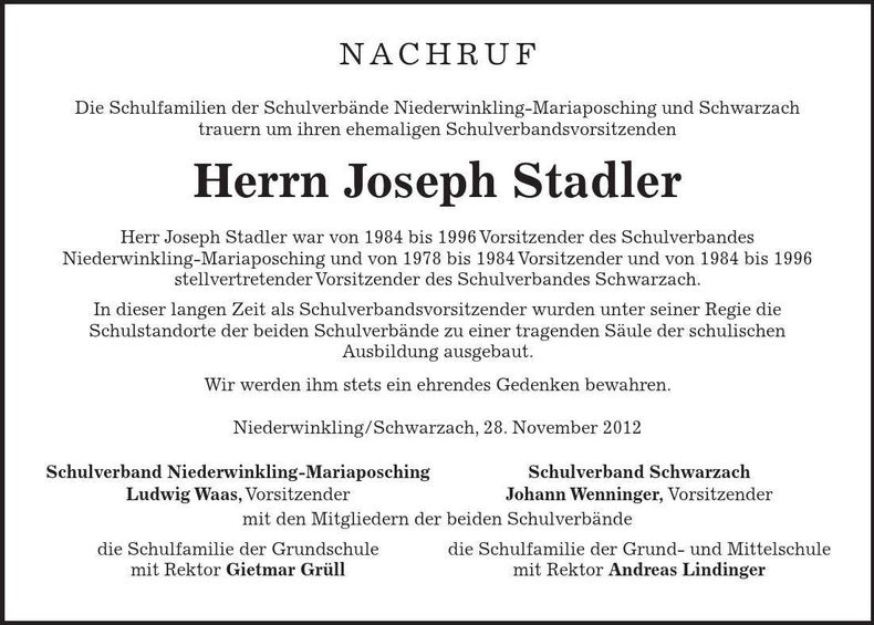 Traueranzeige Joseph Stadler