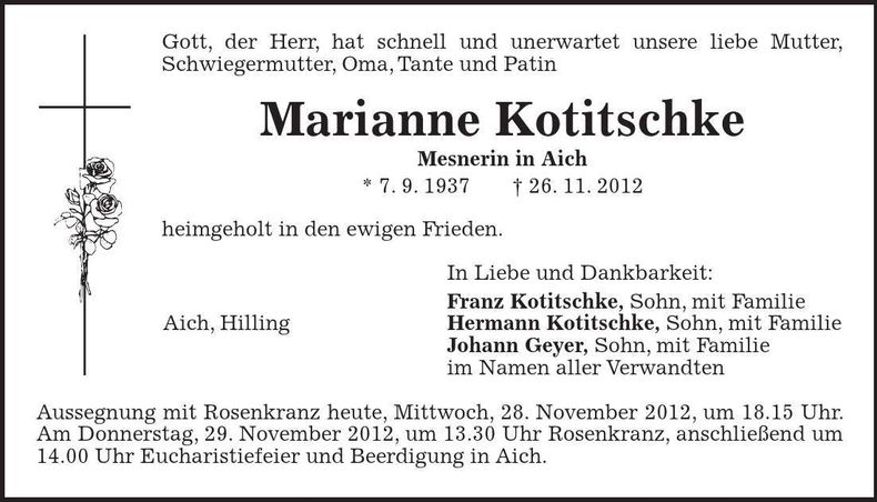 Traueranzeige Marianne Kotitschke