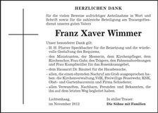Traueranzeige Franz Xaver Wimmer