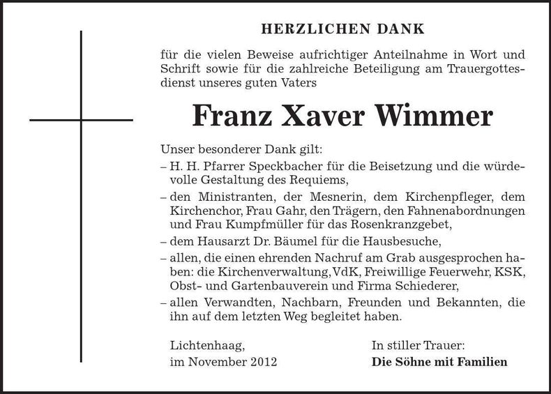 Traueranzeige Franz Xaver Wimmer
