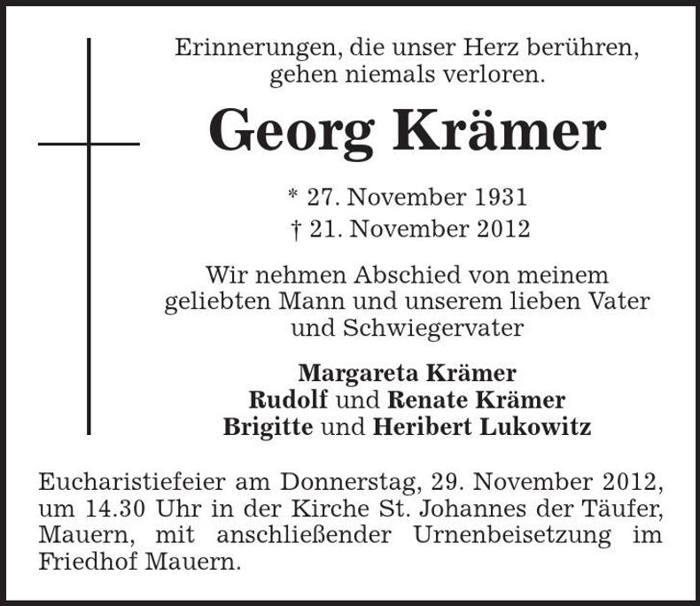 Traueranzeige Georg Krämer