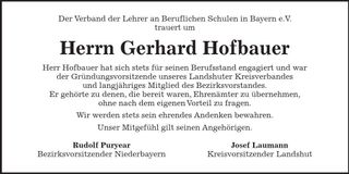 Traueranzeige Gerhard Hofbauer