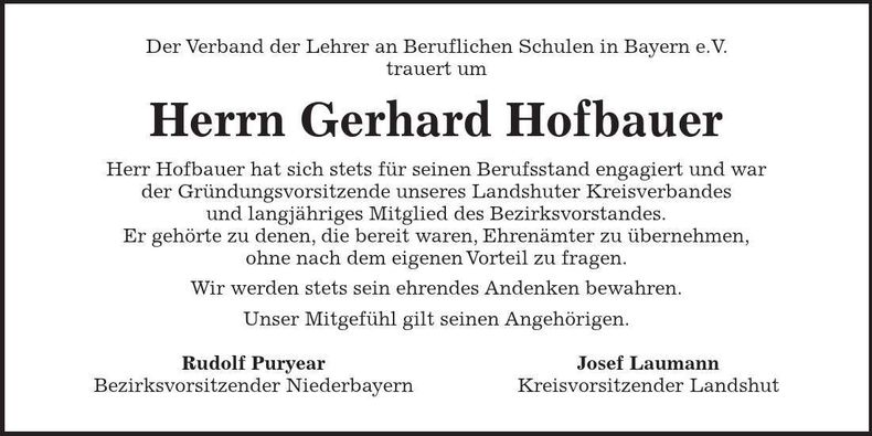 Traueranzeige Gerhard Hofbauer