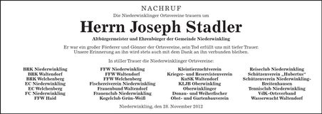 Traueranzeige Josef Stadler