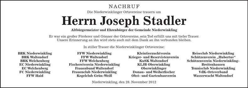 Traueranzeige Josef Stadler