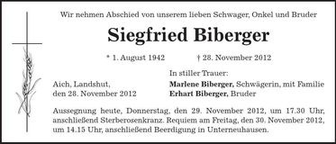 Traueranzeige Siegfried Biberger