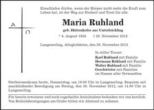 Traueranzeige Maria Ruhland
