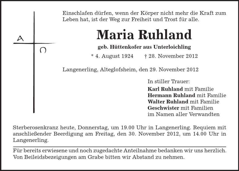 Traueranzeige Maria Ruhland