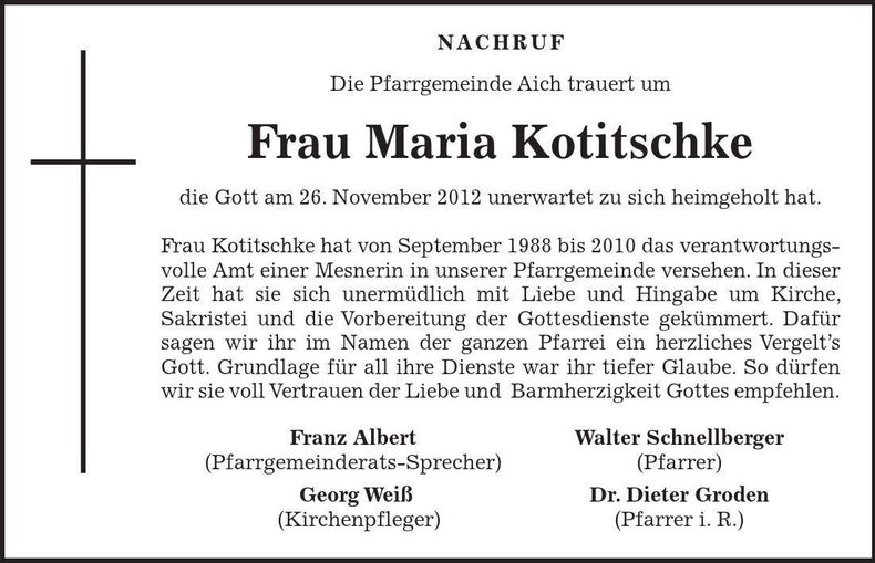 Traueranzeige Maria Kotitschke