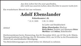 Traueranzeige Adolf Ebenslander
