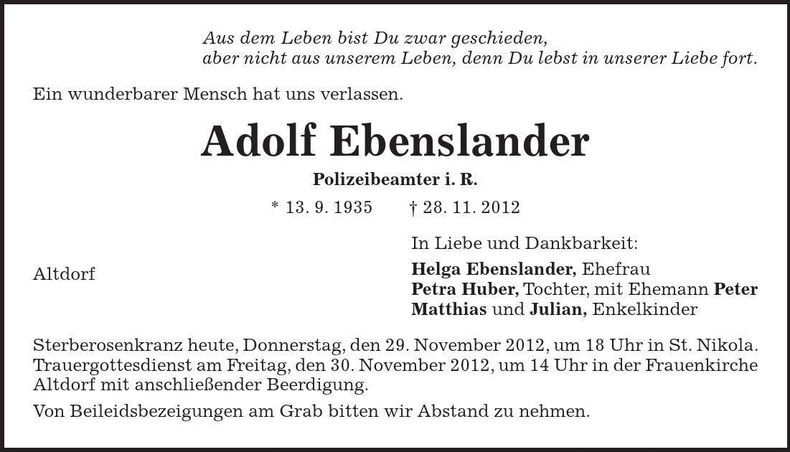 Traueranzeige Adolf Ebenslander