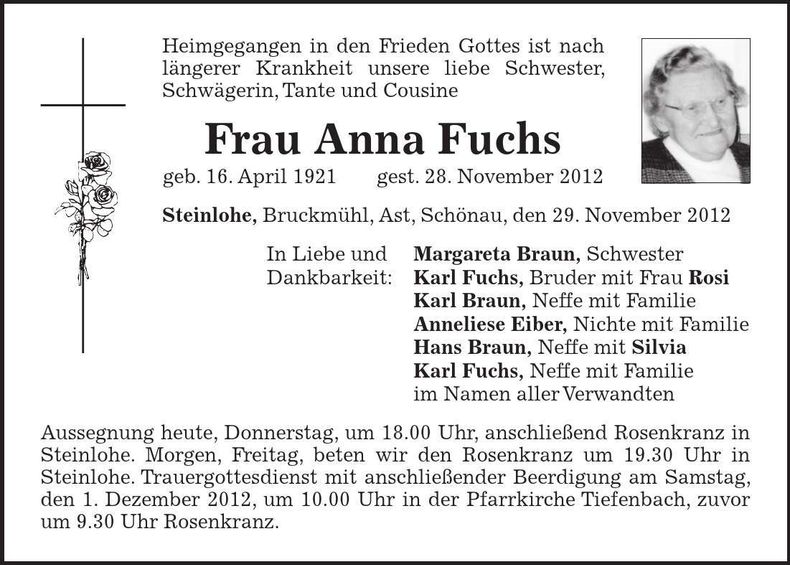 Traueranzeige Anna Fuchs