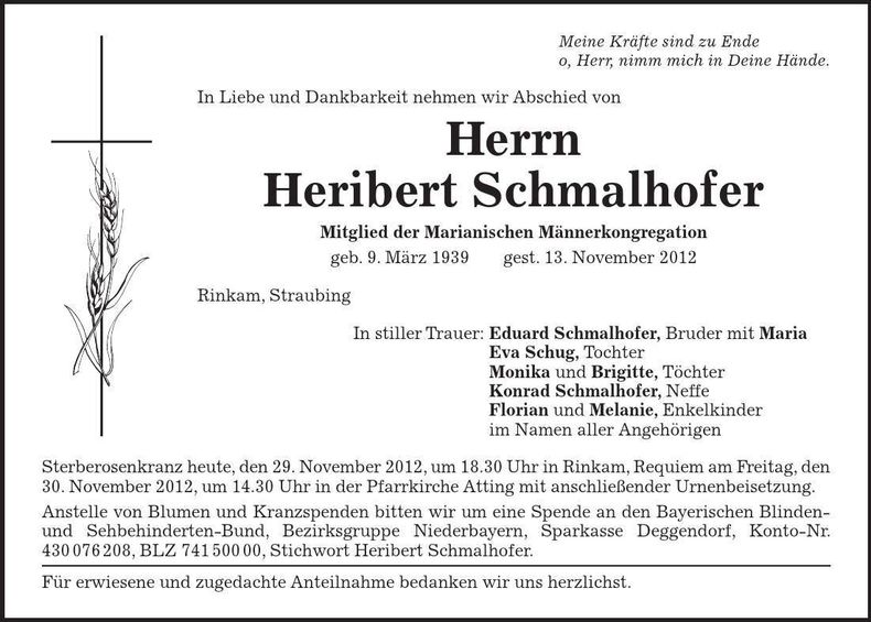 Traueranzeige Heribert Schmalhofer