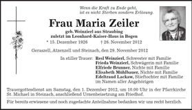 Traueranzeige Maria Zeiler