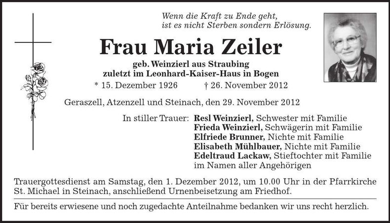 Traueranzeige Maria Zeiler