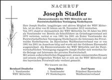 Traueranzeige Joseph Stadler
