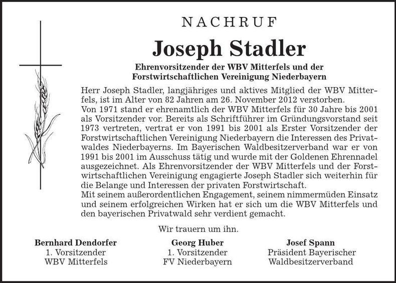 Traueranzeige Joseph Stadler