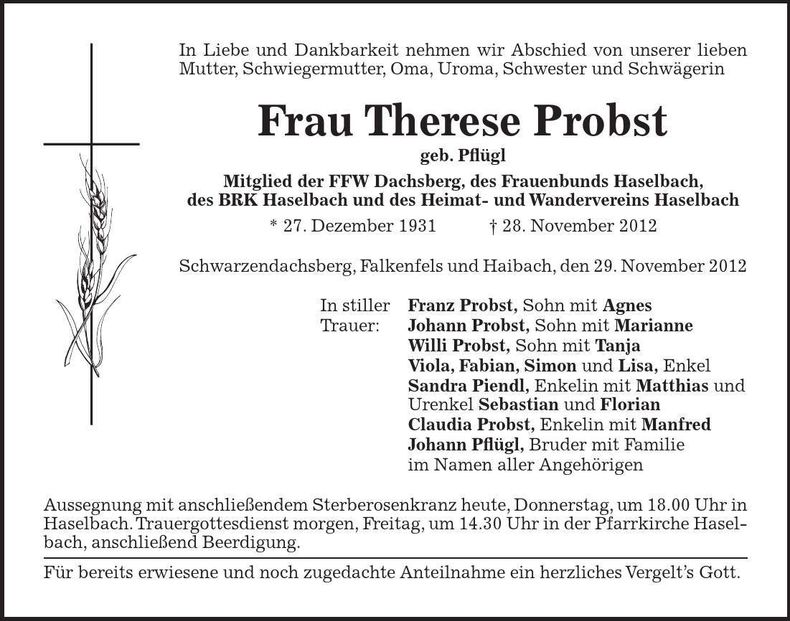 Traueranzeige Therese Probst