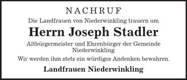 Traueranzeige Joseph Stadler