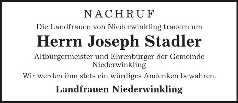 Traueranzeige Joseph Stadler