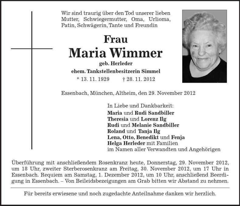 Traueranzeige Maria Wimmer