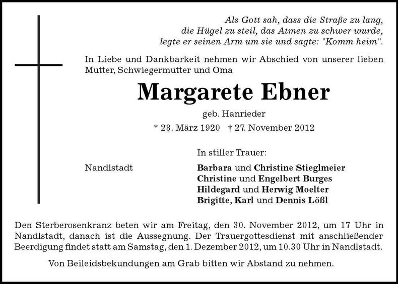 Traueranzeige Margarete Ebner